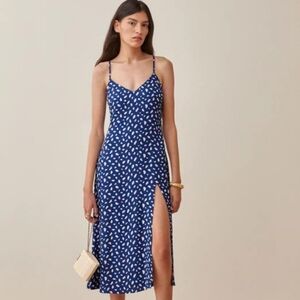 Reformation Navy and White Patterned Midi Dress